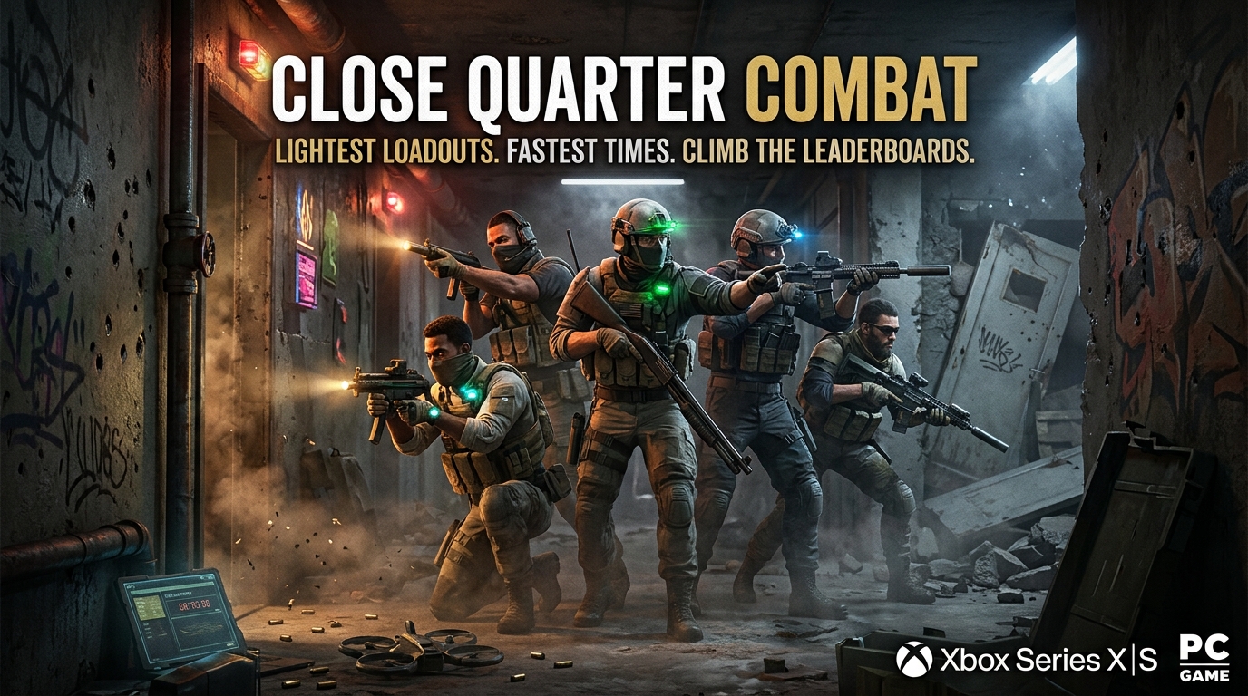 Close Quarter Combat key art: five operators stack up in a dim, graffiti-covered corridor. Lightest loadouts. Fastest times. Climb the leaderboards.